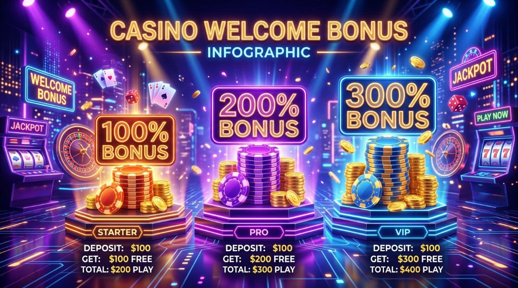 Infografía del bono de bienvenida escalonado 100% 200% y 300%
