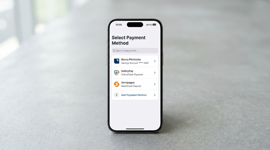 Selección móvil de Banco Pichincha, SafetyPay y Servipagos